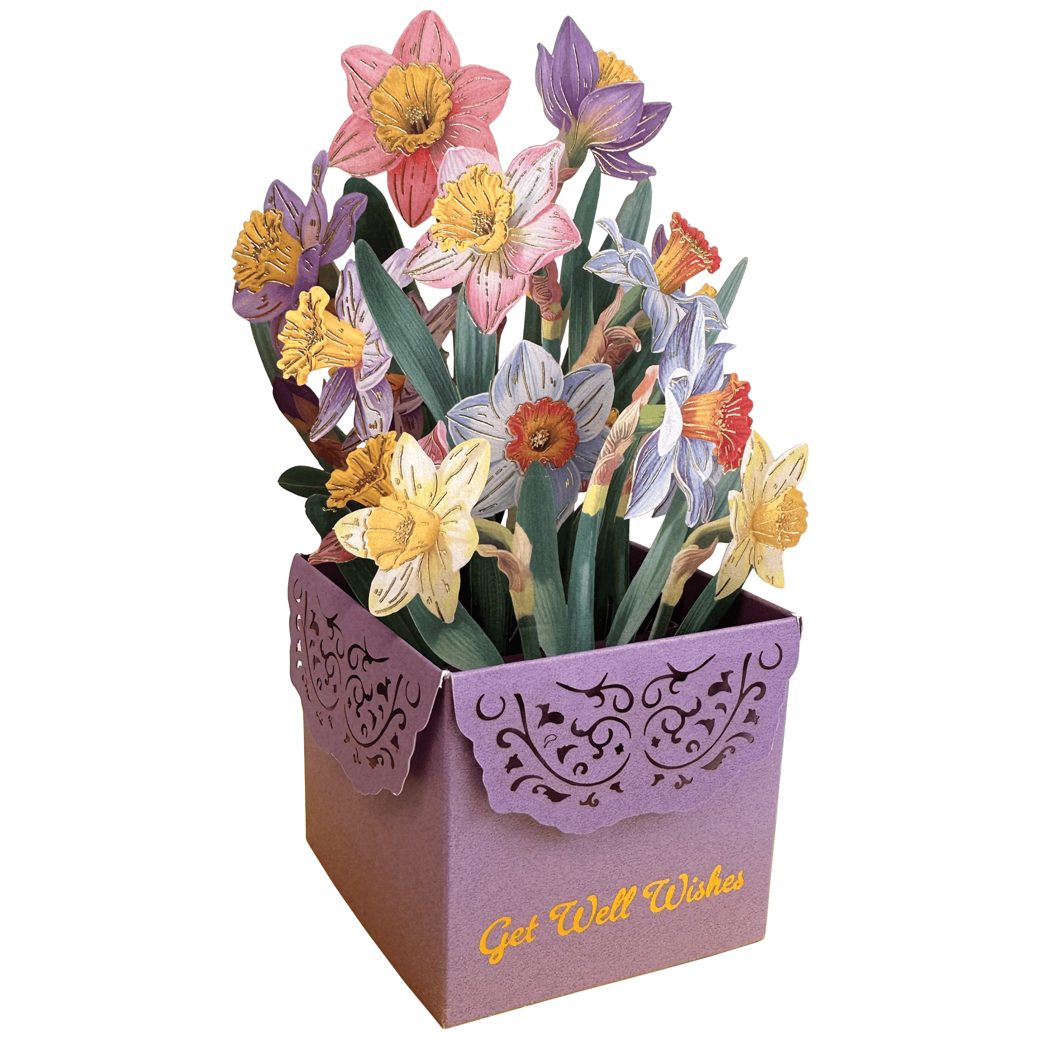 Get Well Card featuring colorful daffodils and floral pop-up design by Cardmore, perfect for sending cheerful wishes.